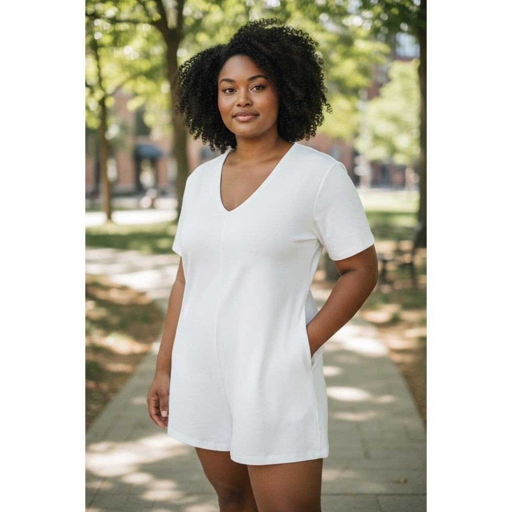 White V-Neck Oversized‎ Romper with Pockets